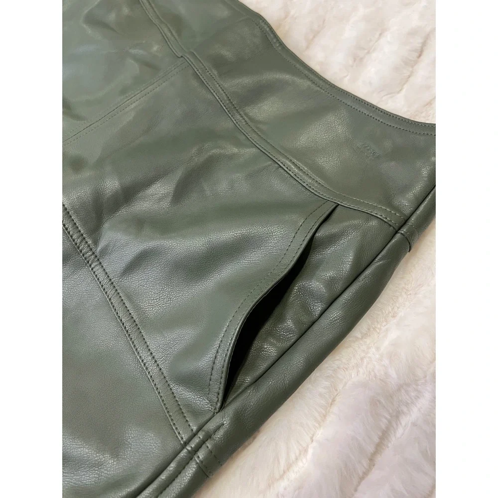 Cabi Dark Sage Green Faux Leather Paneled Midi Skirt Size 6 Front Slit Pockets
